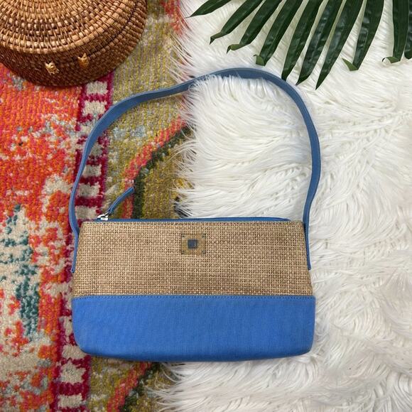 Vintage Y2K 2000s City DKNY Blue Tan Zipper Rattan Mini Shoulder Bag Purse - Picture 1 of 8